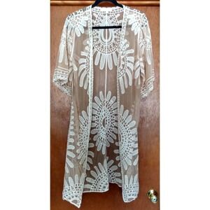 REBELLION AGAIN Flowy Embroidered Sunflower Lace KIMONO Sm Duster Sheer Boho